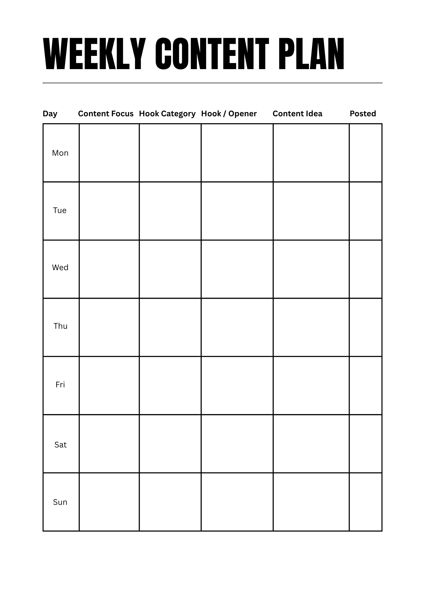 Weekly Content Worksheet